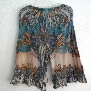 Light blue/beige paisley ruffle flare capri pants,